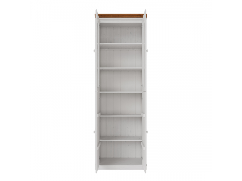 Estante Biblioteca 220 cm com duas portas de madeira e duas portas de vidro na cor branco lavado e mel | Coleção Biblioteca